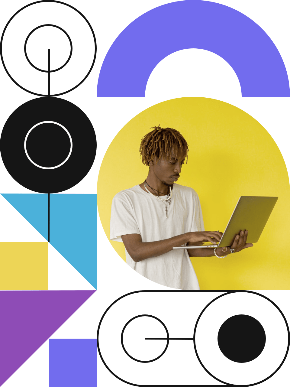 Person with light brown hair styled in twists wearing a white t-shirt, standing against a bright yellow background and using a laptop, surrounded by colorful geometric shapes in purple, blue, yellow, and black, creating a modern and creative atmosphere