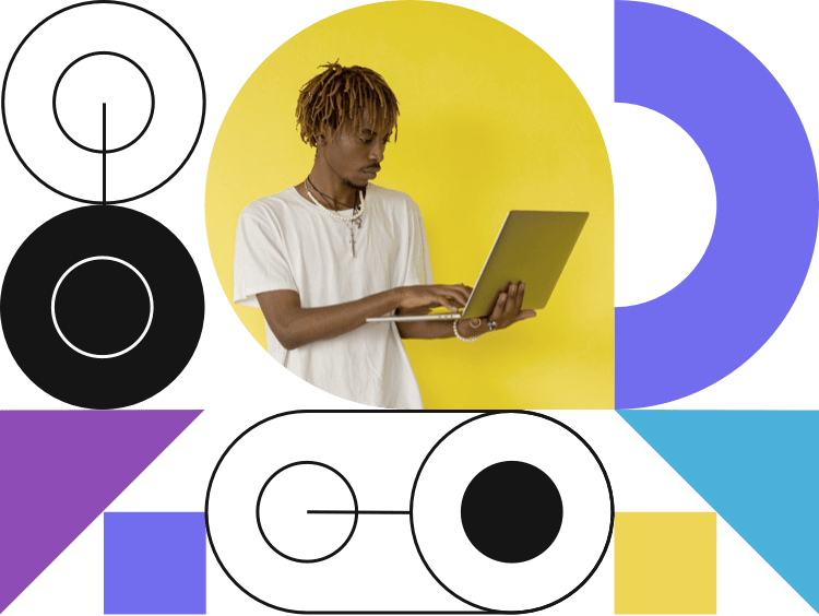 Person with light brown hair styled in twists wearing a white t-shirt, standing against a bright yellow background and using a laptop, surrounded by colorful geometric shapes in purple, blue, yellow, and black, creating a modern and creative atmosphere