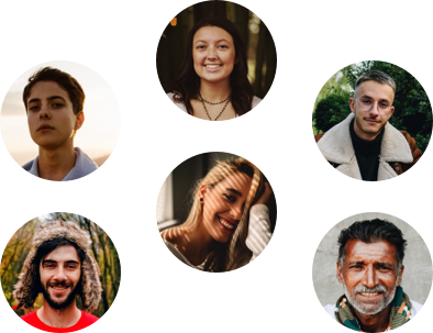 Six circular portraits of diverse team members over a soft background with a red accent bar, suggesting a collaborative online meeting