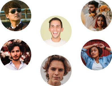 Three circular portraits of team members arranged on the right side: top right shows a bearded man with a woman smiling together in warm tones, bottom right displays a woman in a red hat with a relaxed, friendly demeanor, and center bottom features a man with curly hair and a calm, approachable expression. The soft, neutral background creates an welcoming and collaborative atmosphere suggesting professional camaraderie.