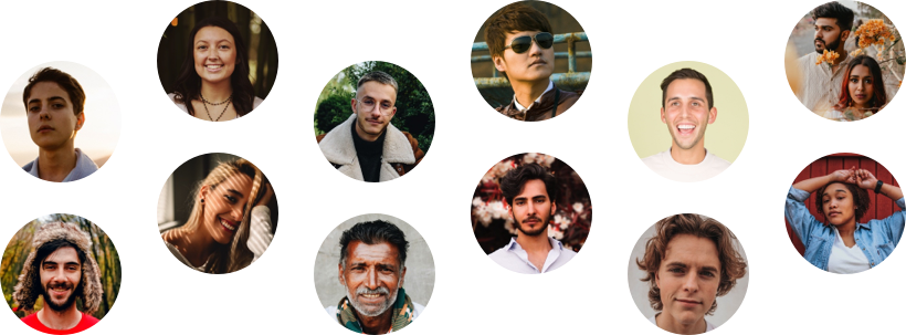 Stylized hero graphic showing six round portrait photos of diverse people in a virtual meeting with a red accent bar and three additional portraits on the right over a soft neutral background conveying friendly teamwork