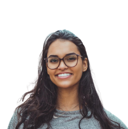 A young woman with glasses smiling in a grey top