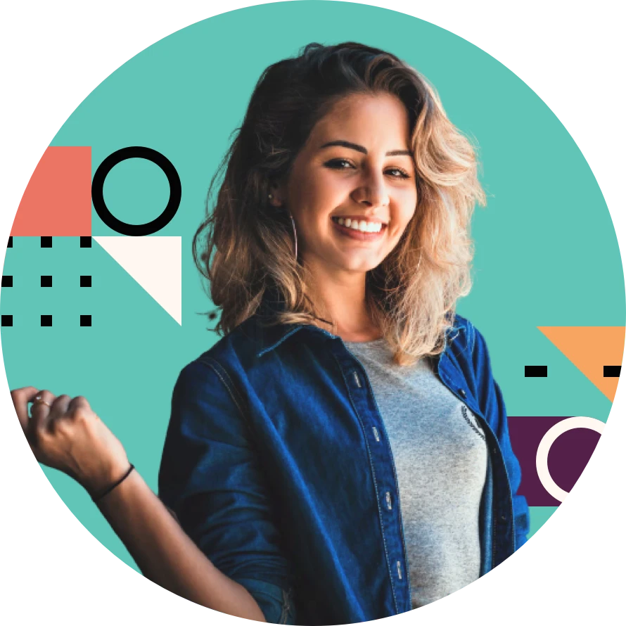 Smiling young woman wearing a denim shirt stands against a bright teal background with geometric shapes, conveying a friendly and confident tone