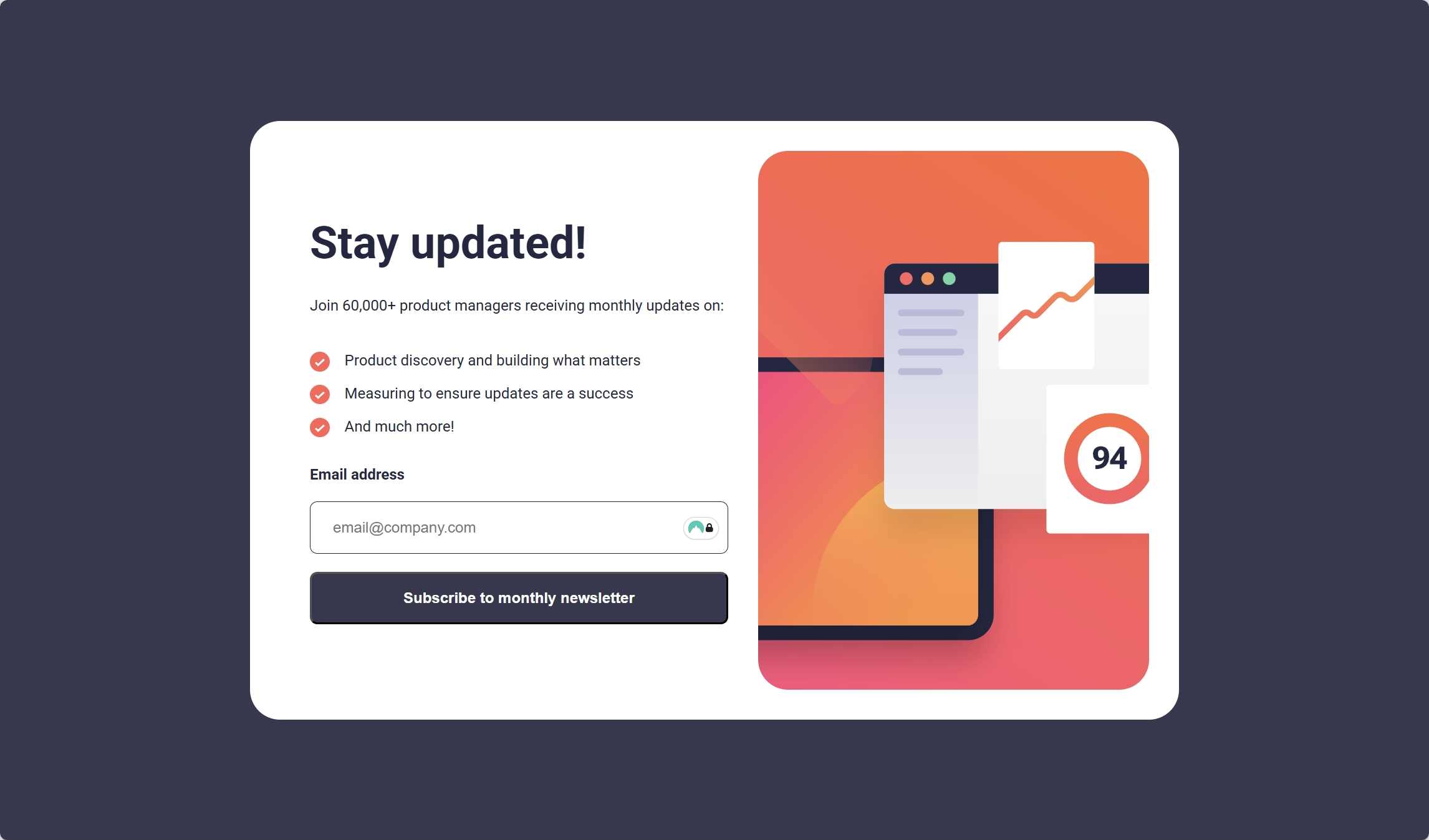 Newsletter sign up form screenshot