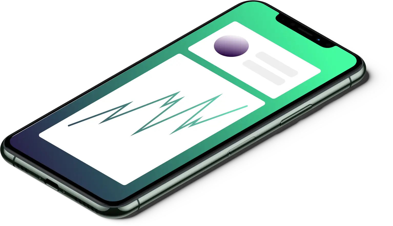 Modern smartphone displaying a green and white user interface with a circular profile image, text placeholders, and a stylized line graph, set against a black background, conveying a clean and professional tech-focused atmosphere